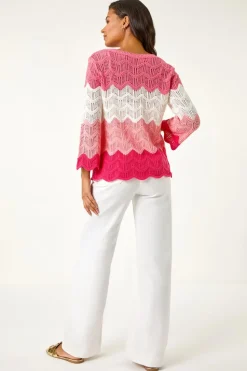 Roman Pink Colour Block Crochet Knit Scalloped Jumper