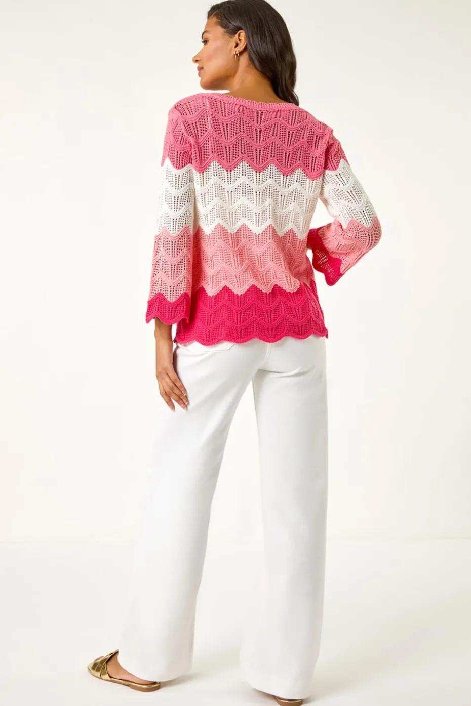Roman Pink Colour Block Crochet Knit Scalloped Jumper