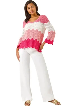 Roman Pink Colour Block Crochet Knit Scalloped Jumper