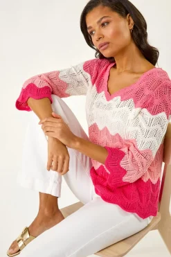 Roman Pink Colour Block Crochet Knit Scalloped Jumper