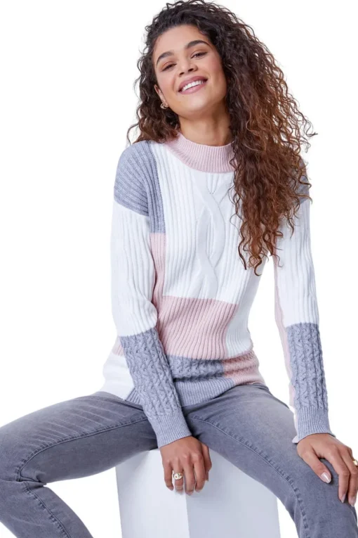 Roman Pink Colourblock Cable Knit Jumper