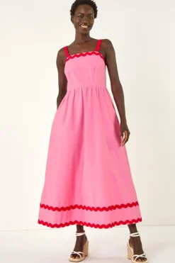 Roman Pink Contrast Ric Rac Midi Dress