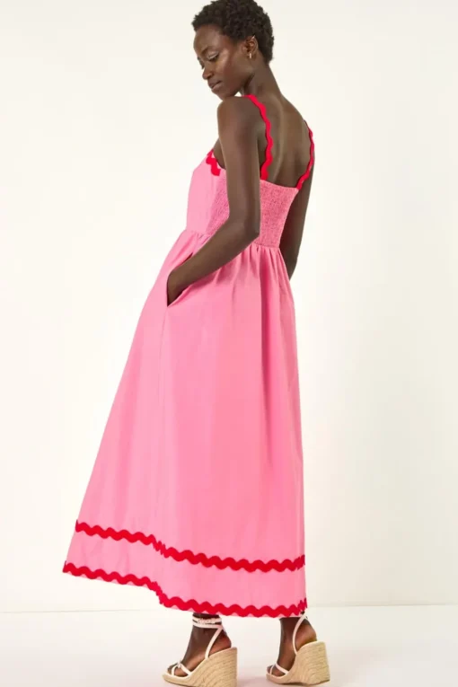 Roman Pink Contrast Ric Rac Midi Dress