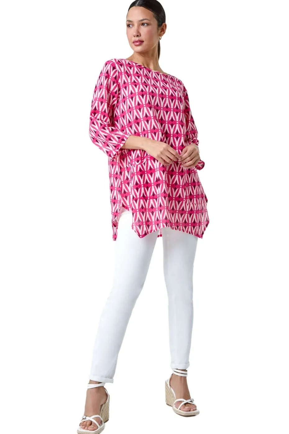 Roman Pink Cotton Geometric Pocket Longline Tunic Top