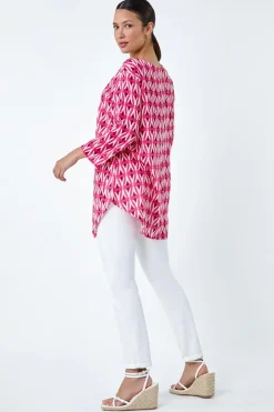 Roman Pink Cotton Geometric Pocket Longline Tunic Top