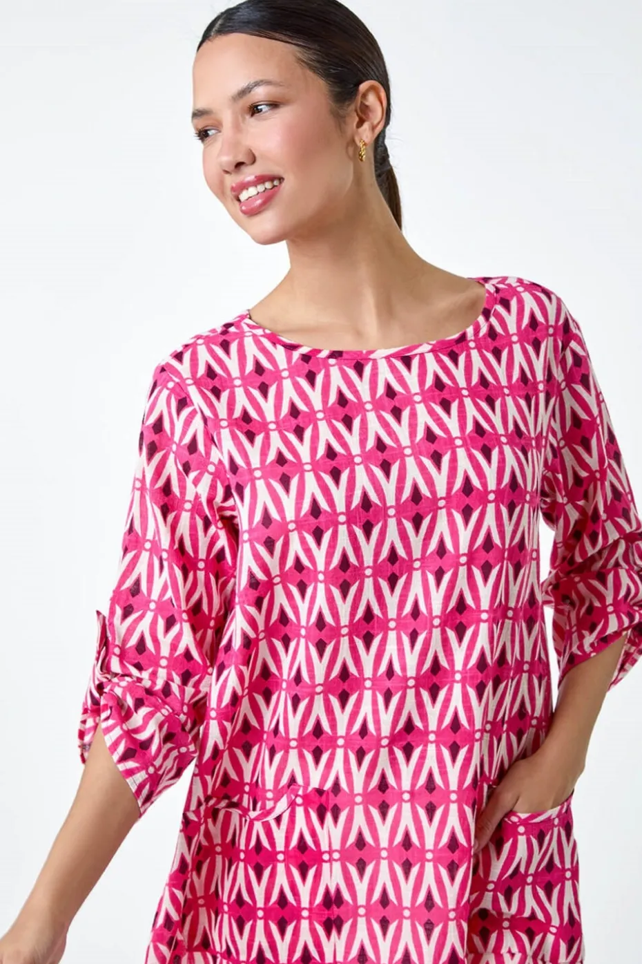 Roman Pink Cotton Geometric Pocket Longline Tunic Top