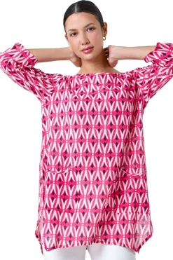 Roman Pink Cotton Geometric Pocket Longline Tunic Top