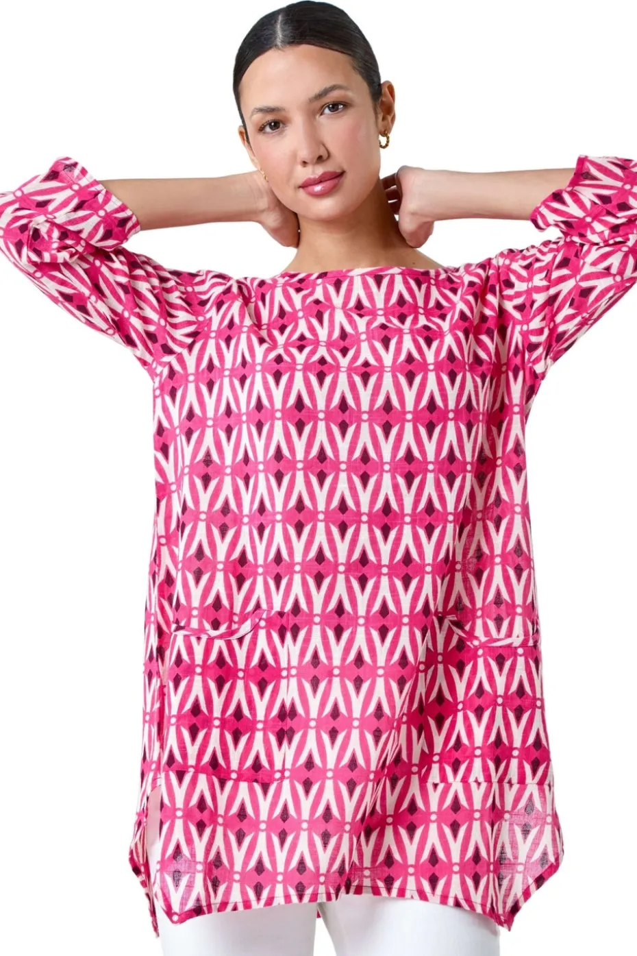 Roman Pink Cotton Geometric Pocket Longline Tunic Top