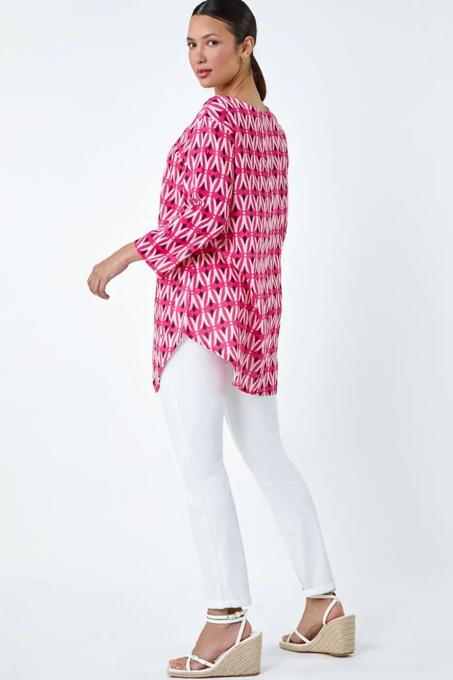 Roman Pink Cotton Geometric Pocket Longline Tunic Top