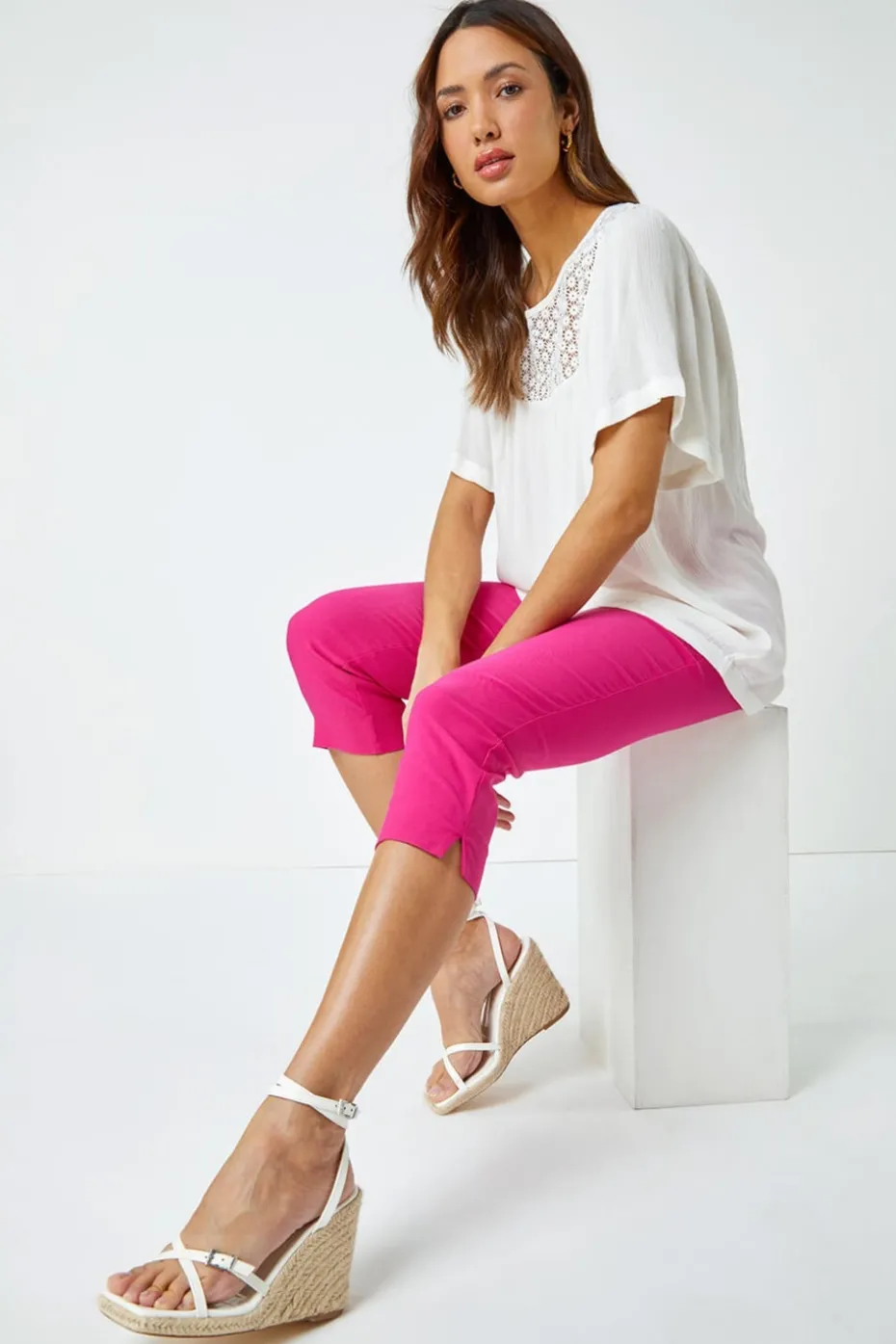 Roman Pink Cropped Stretch Trouser Capri Summer Leggings 3/4 Pedal Pushers