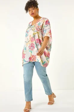 Roman Pink Curve Floral Cocoon Woven Top