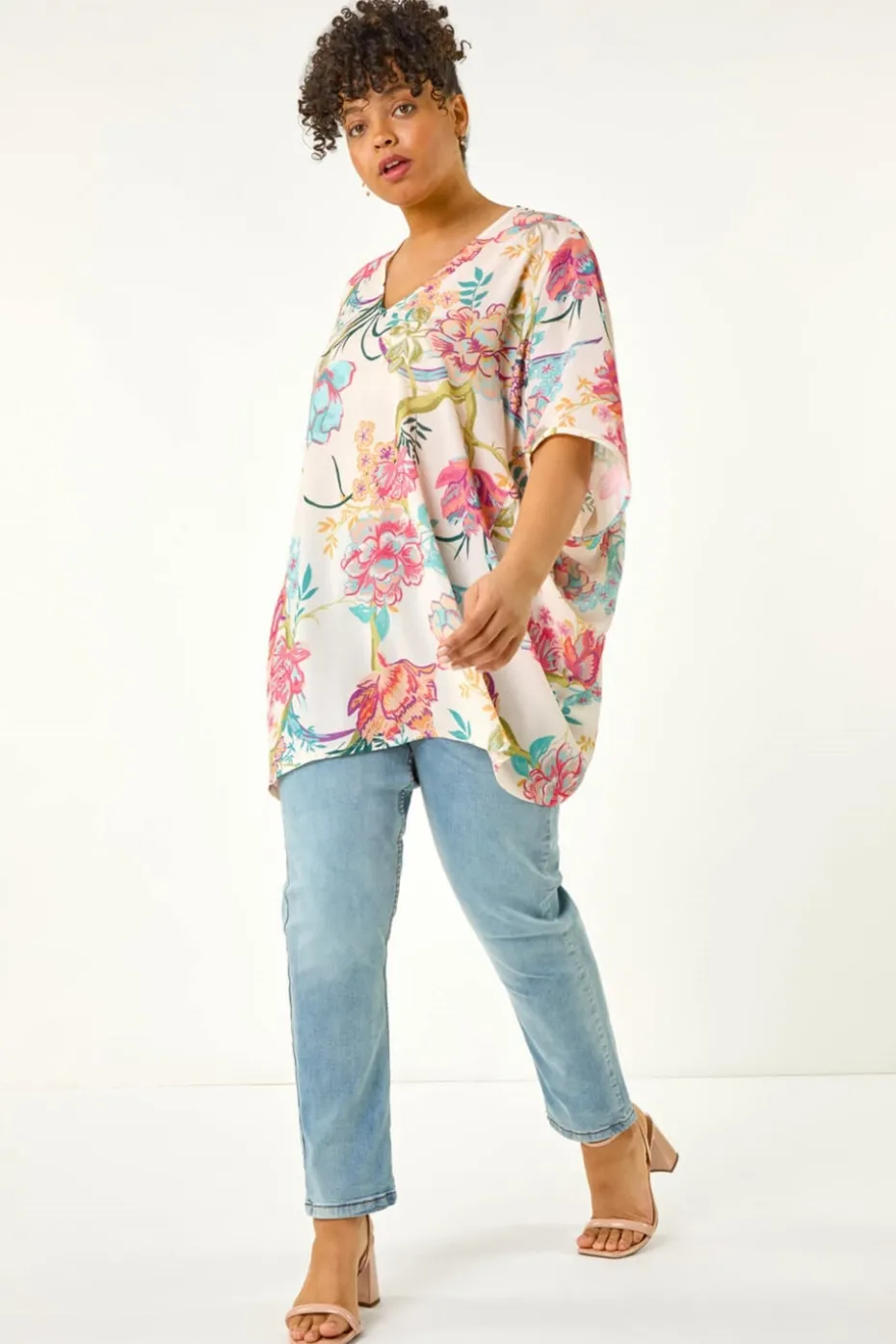 Roman Pink Curve Floral Cocoon Woven Top