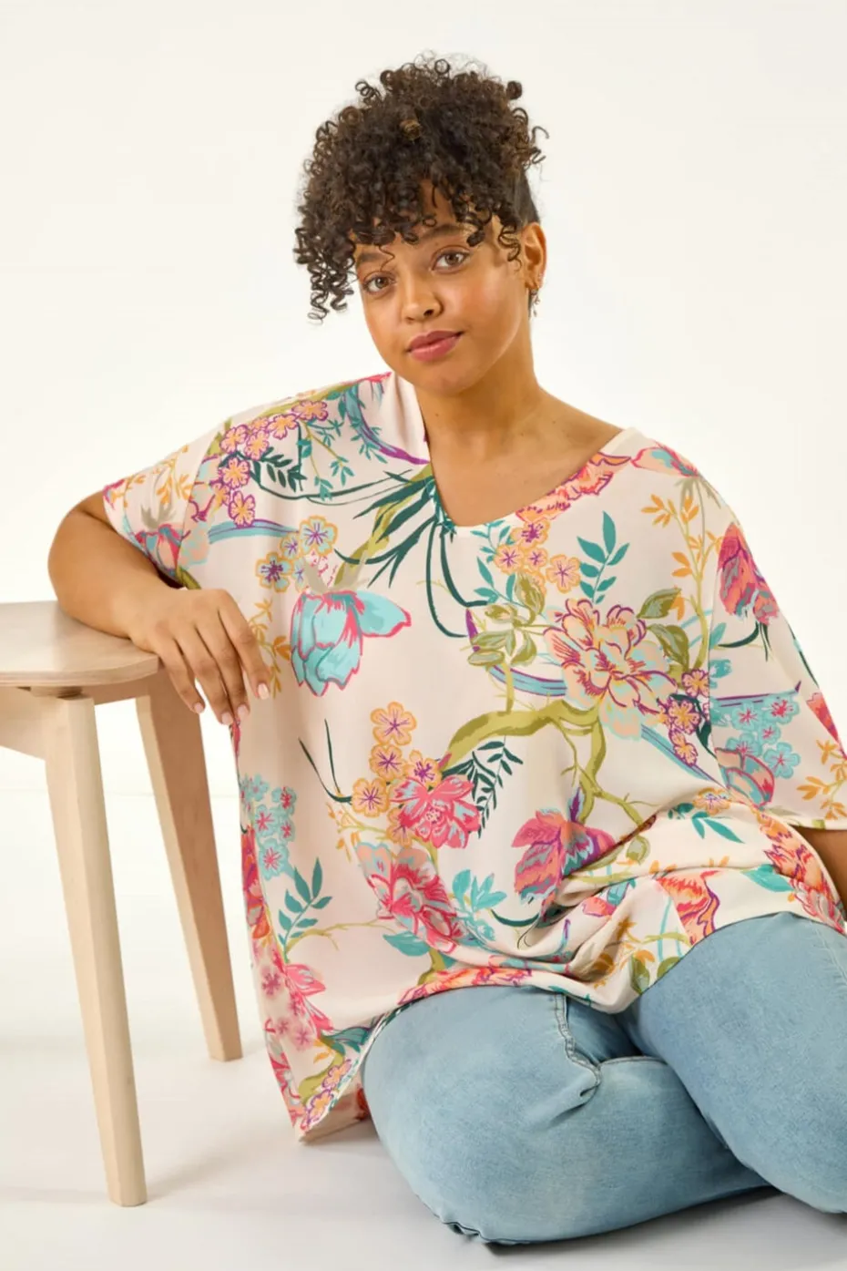 Roman Pink Curve Floral Cocoon Woven Top