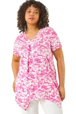 Roman Pink Curve Hanky Hem Floral Tunic Top