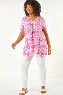 Roman Pink Curve Hanky Hem Floral Tunic Top