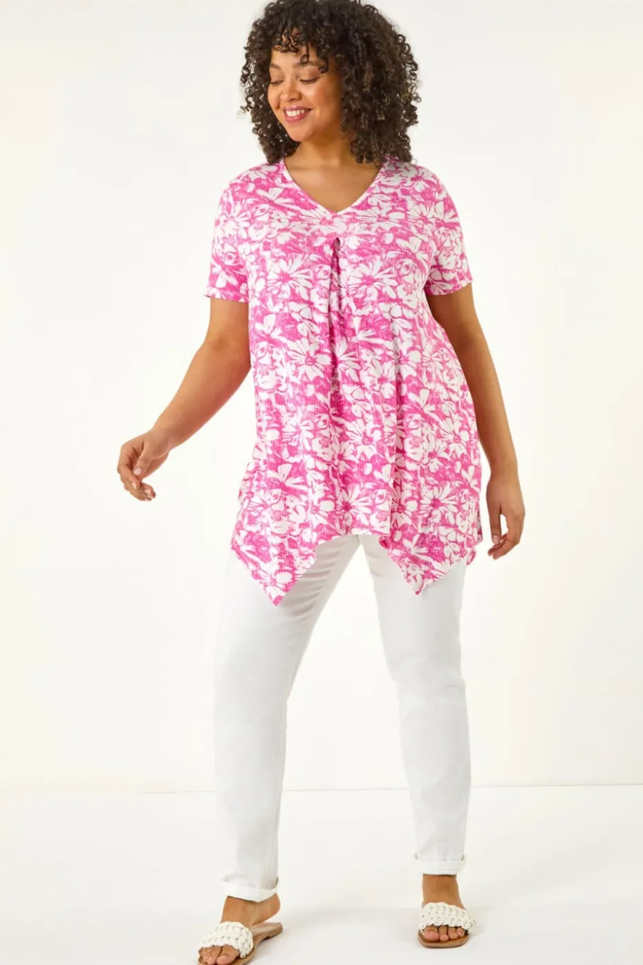 Roman Pink Curve Hanky Hem Floral Tunic Top
