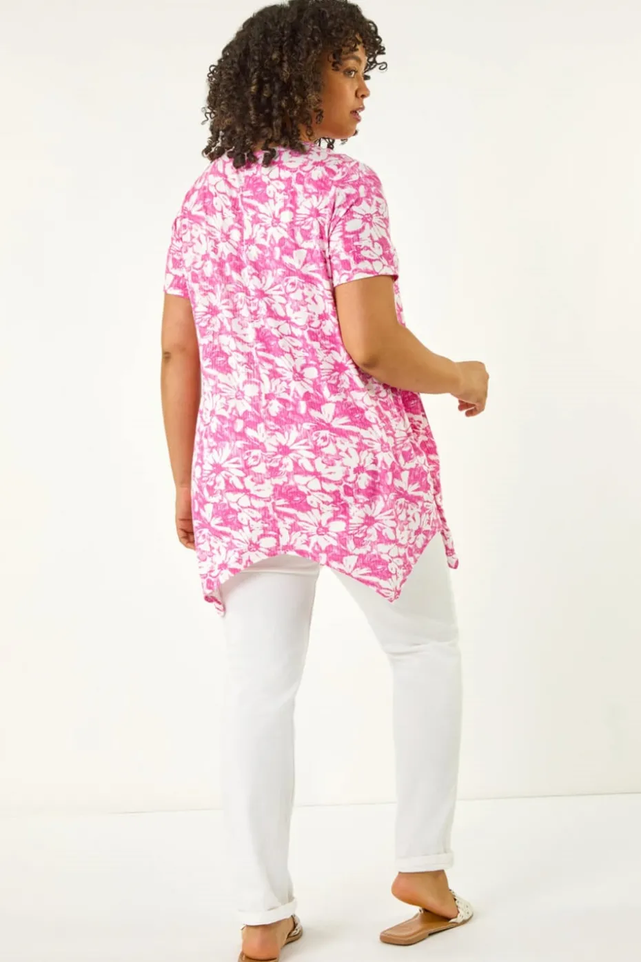 Roman Pink Curve Hanky Hem Floral Tunic Top