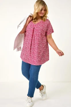 Roman Pink Curve Pleat Front Printed Stretch Top