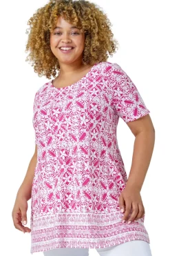 Roman Pink Curve Tile Print Stretch Top