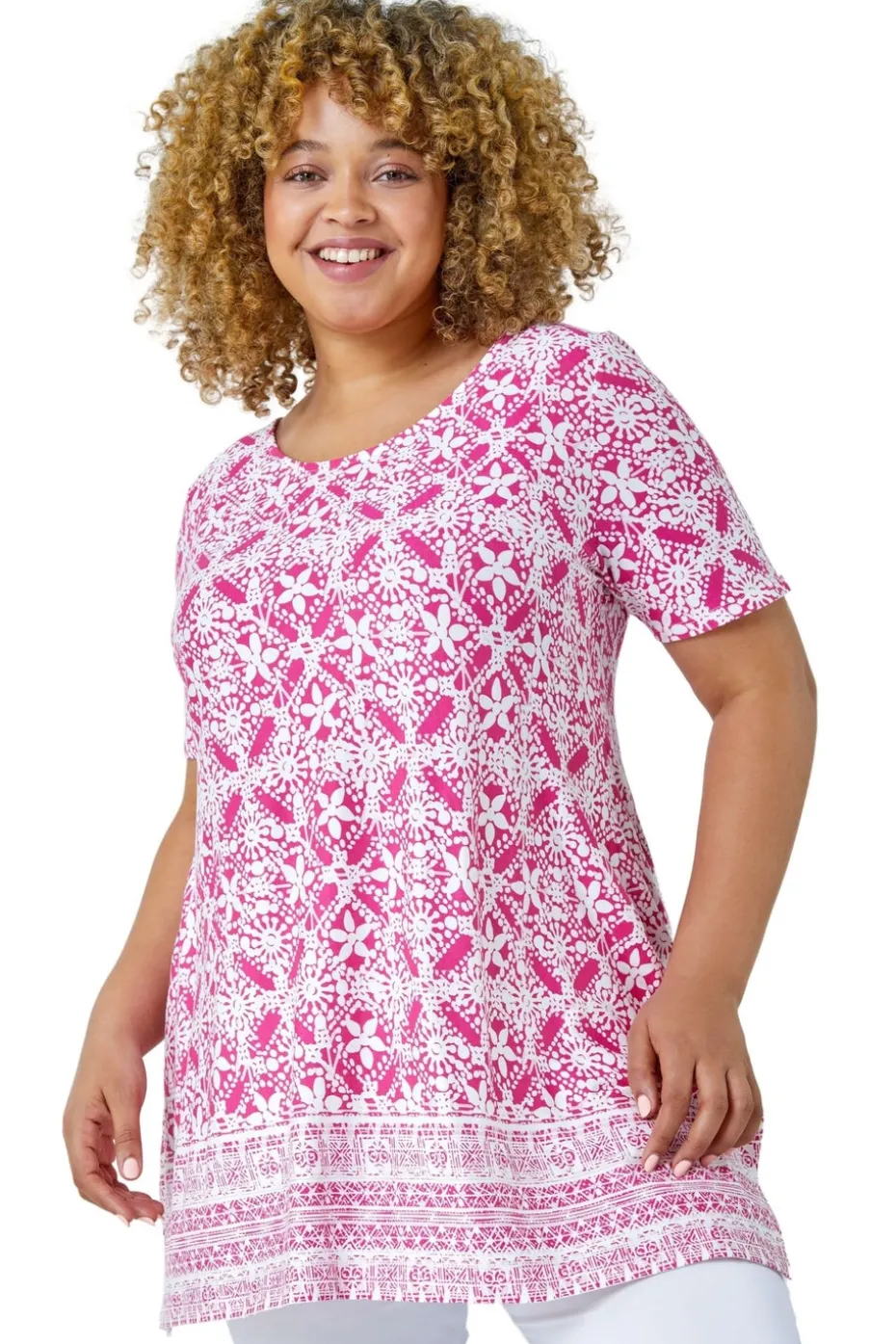 Roman Pink Curve Tile Print Stretch Top