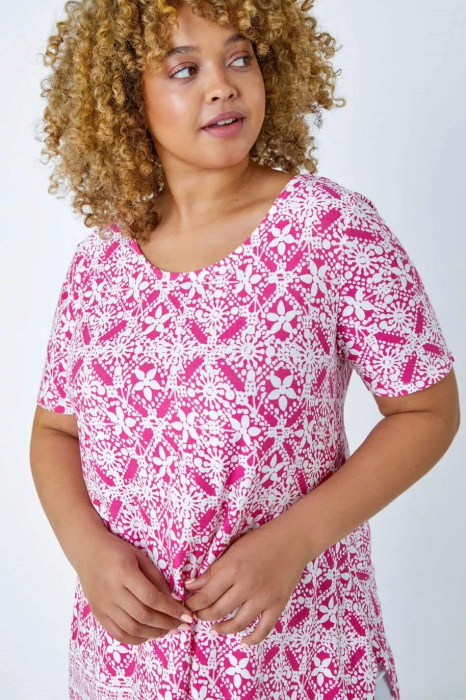 Roman Pink Curve Tile Print Stretch Top