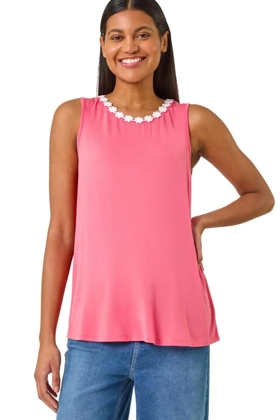 Roman Pink Daisy Neck Trim Vest Top
