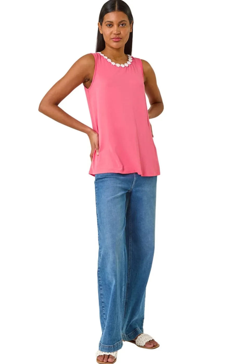 Roman Pink Daisy Neck Trim Vest Top