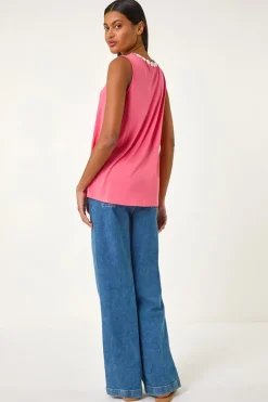 Roman Pink Daisy Neck Trim Vest Top