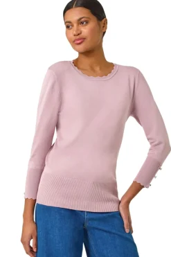 Roman Pink Diamante Button Scallop Edge Jumper