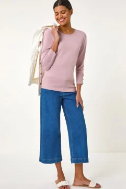 Roman Pink Diamante Button Scallop Edge Jumper