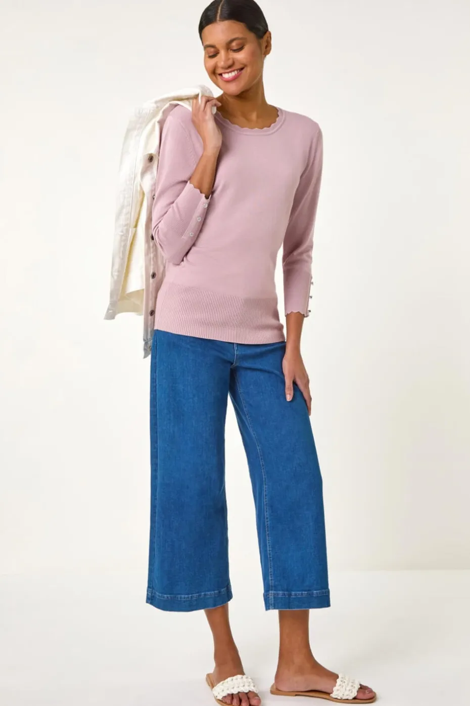 Roman Pink Diamante Button Scallop Edge Jumper