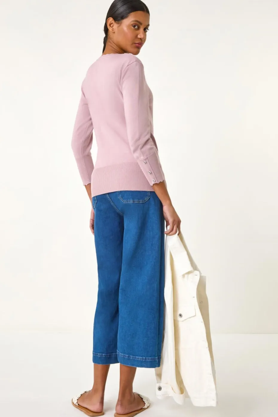 Roman Pink Diamante Button Scallop Edge Jumper