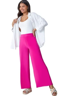 Roman Pink Elastic Waist Wide Leg Stretch Trousers