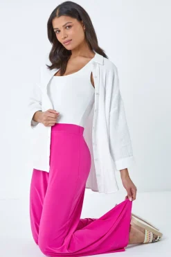 Roman Pink Elastic Waist Wide Leg Stretch Trousers