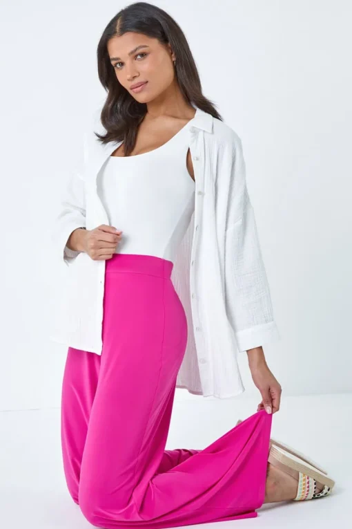 Roman Pink Elastic Waist Wide Leg Stretch Trousers