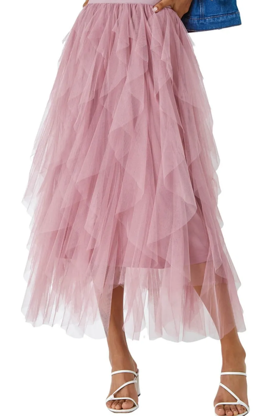 Roman Pink Elastic Waist Mesh Layered A Line Skirt