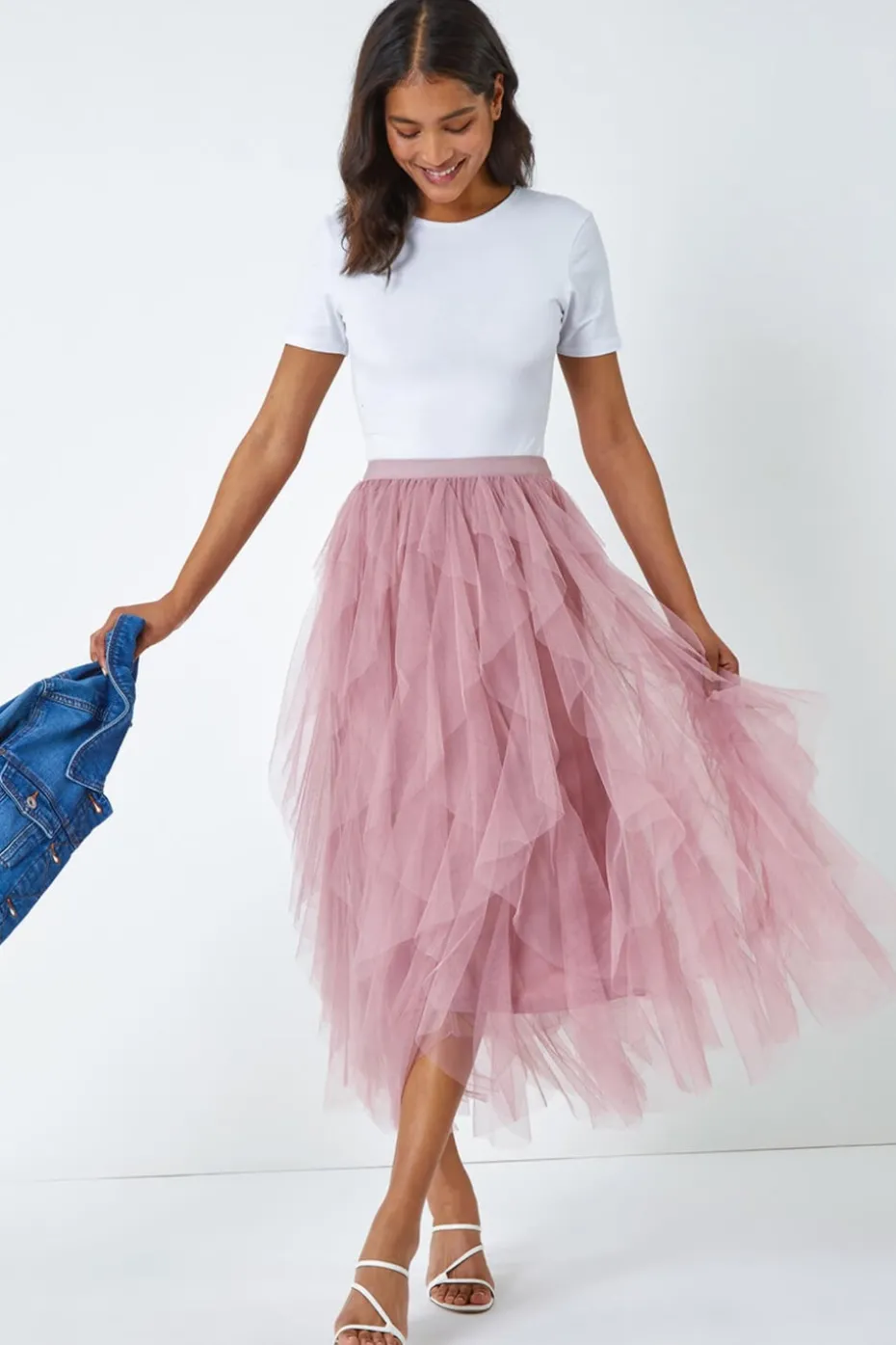Roman Pink Elastic Waist Mesh Layered A Line Skirt