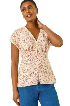 Roman Pink Floral Ditsy Print Lace Trim Top