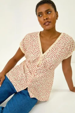 Roman Pink Floral Ditsy Print Lace Trim Top