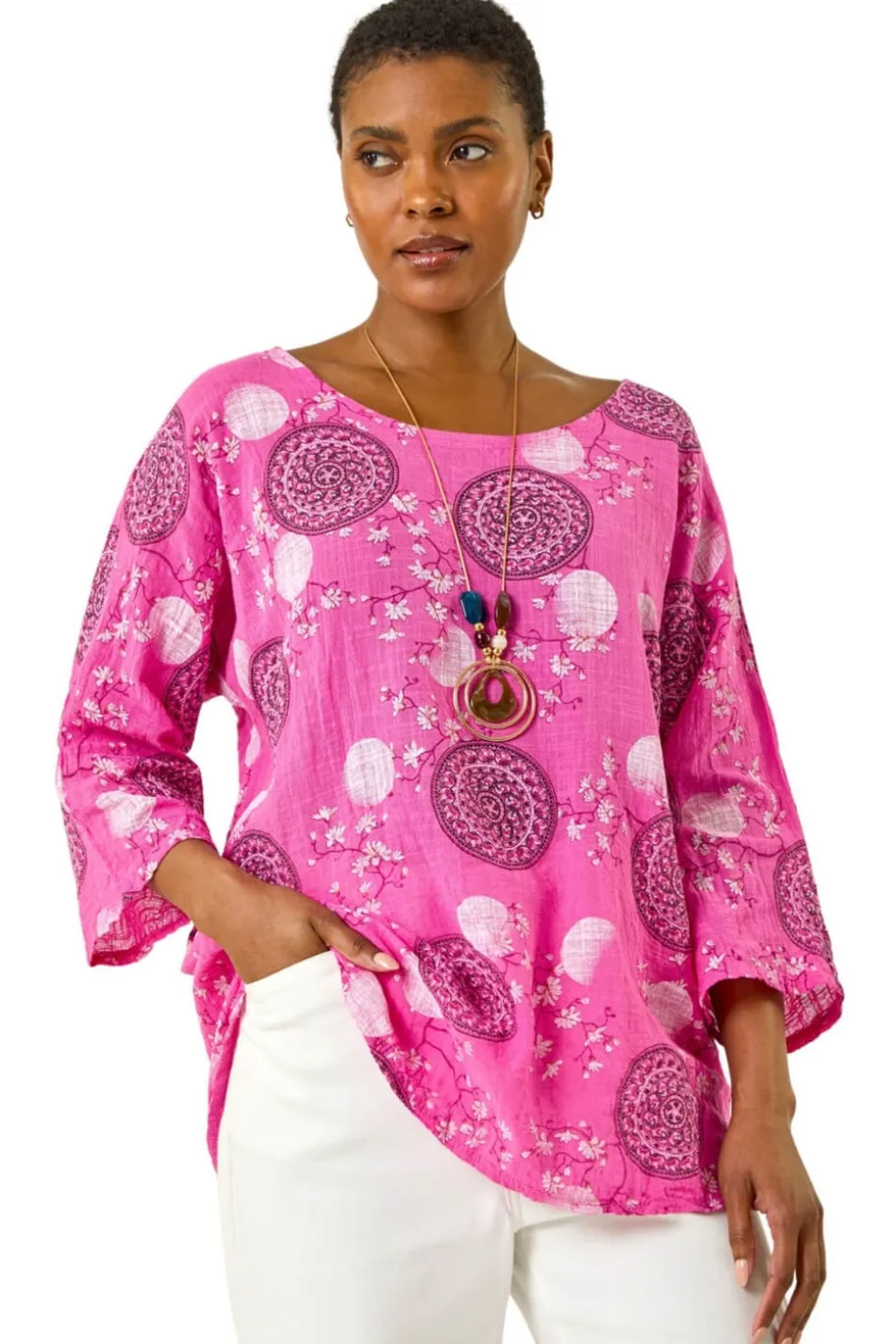 Roman Pink Floral Embroidered Cotton Top with Necklace