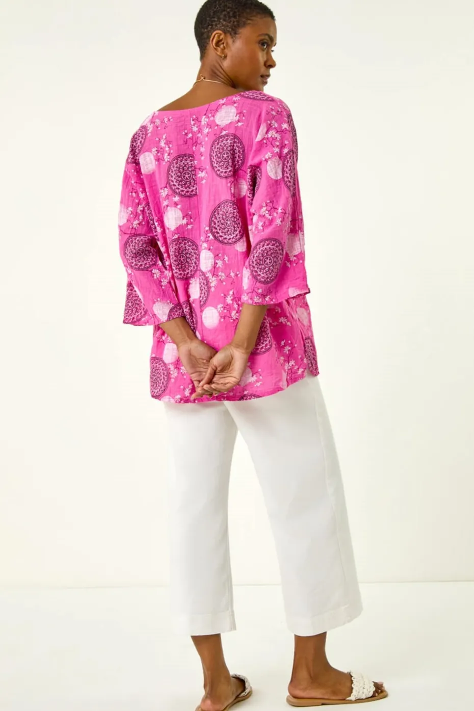 Roman Pink Floral Embroidered Cotton Top with Necklace