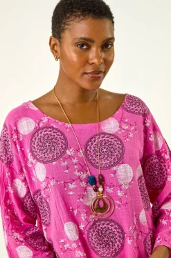 Roman Pink Floral Embroidered Cotton Top with Necklace
