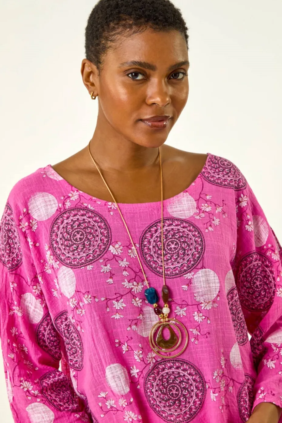Roman Pink Floral Embroidered Cotton Top with Necklace