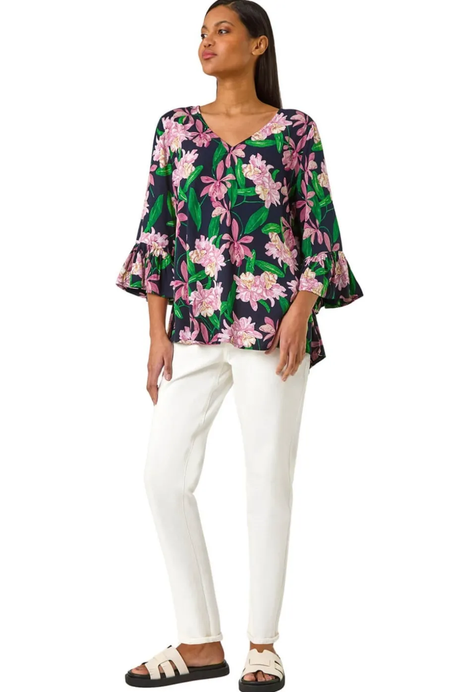 Roman Pink Floral Flare Sleeve Top