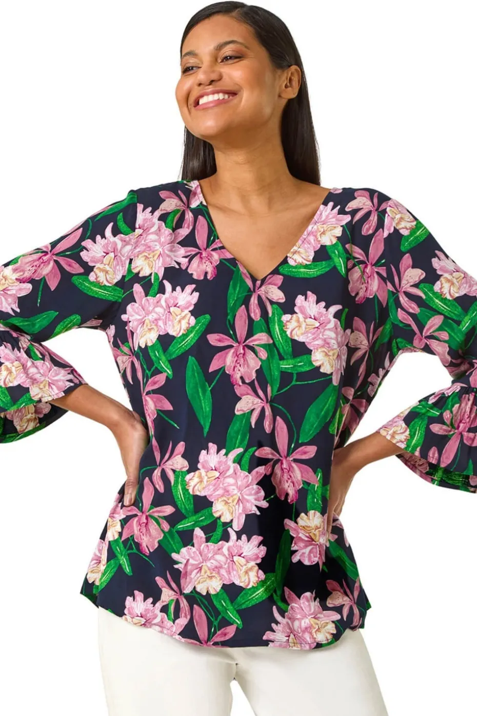 Roman Pink Floral Flare Sleeve Top