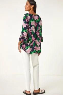 Roman Pink Floral Flare Sleeve Top