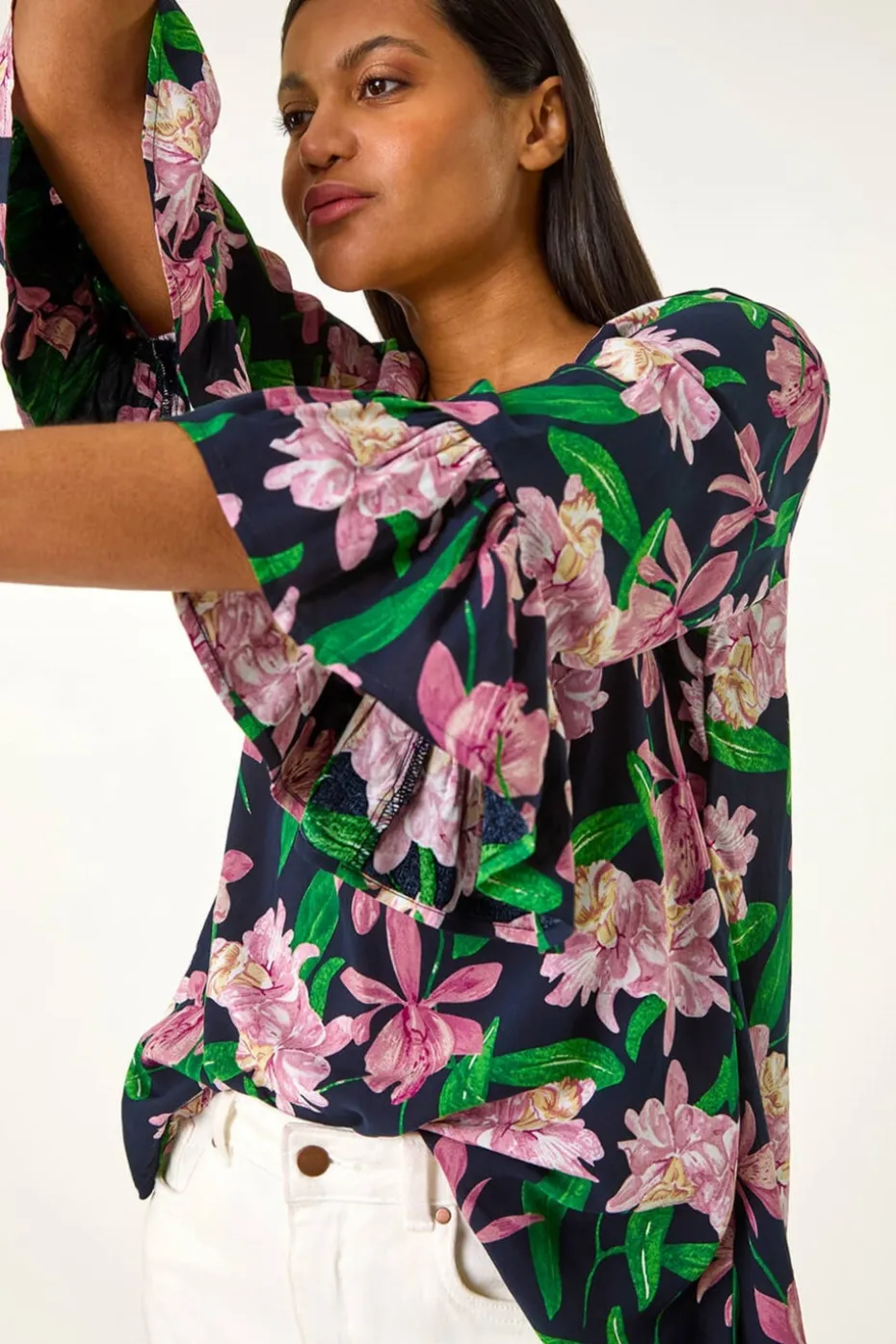 Roman Pink Floral Flare Sleeve Top