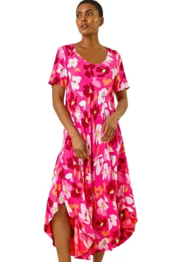 Roman Pink Floral Print Asymmetric Hem T-Shirt Dress