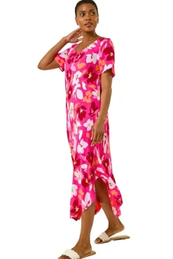 Roman Pink Floral Print Asymmetric Hem T-Shirt Dress