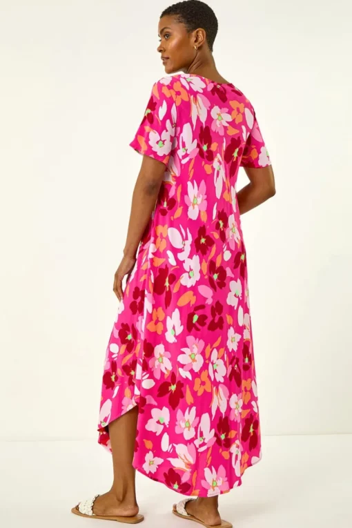 Roman Pink Floral Print Asymmetric Hem T-Shirt Dress